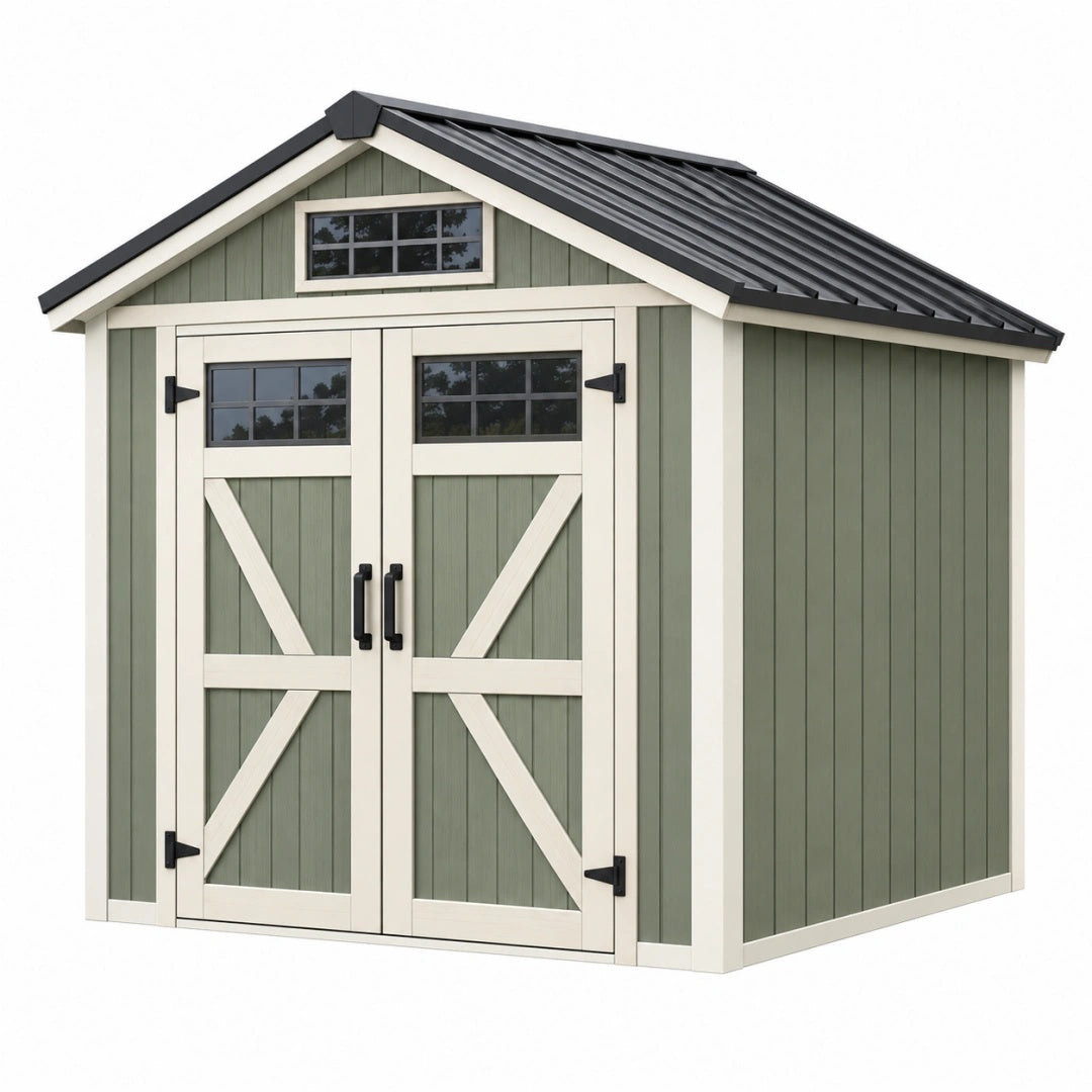 Gartenhaus 300 cm 240 cm 250 cm Holz Grün Creme mit Metall Dach im Landhausstil