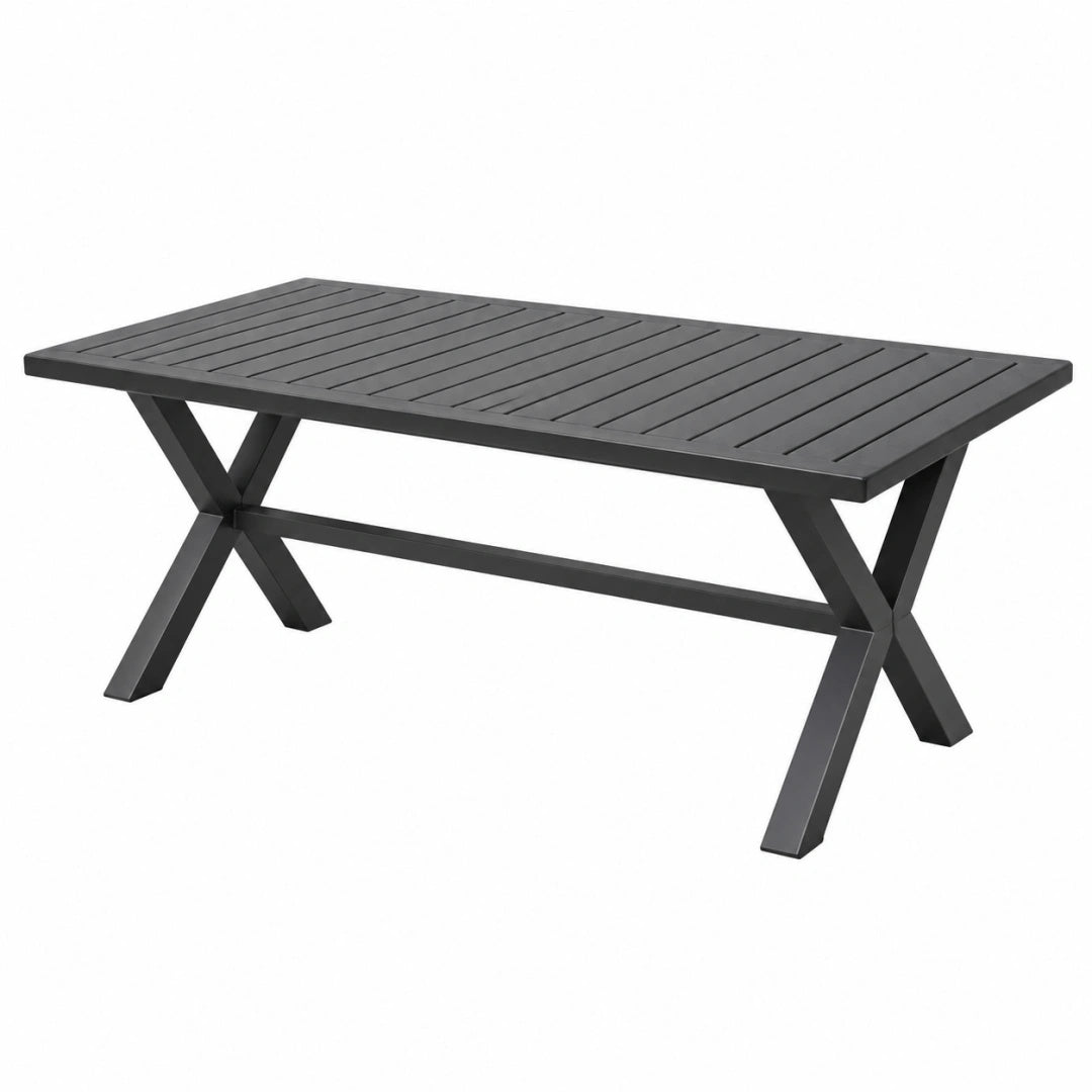 Gartentisch 180 x 90 x 75 cm Schwarz Metall mit Lamellenplatte und X-Gestell