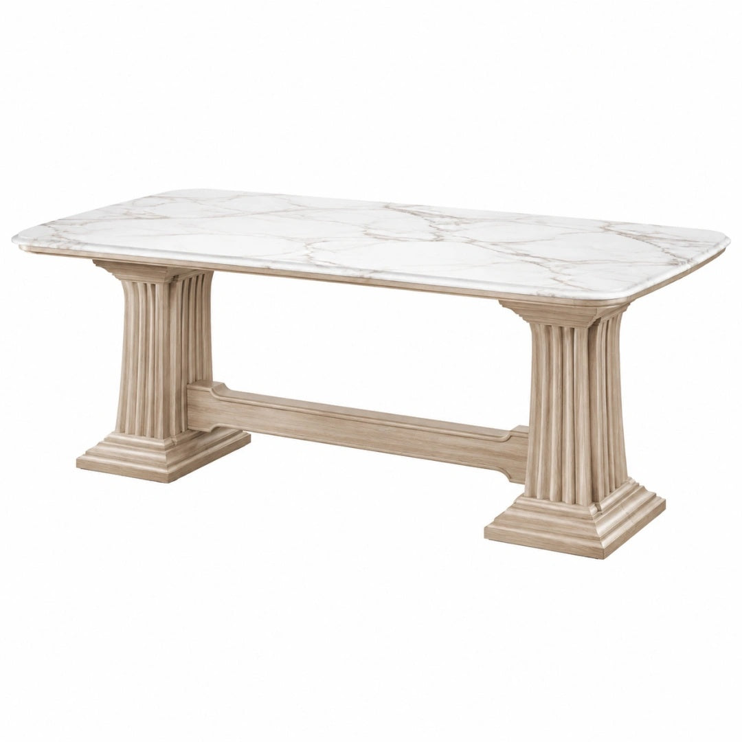 Esstisch 180 x 90 x 76 cm Tischplatte in Marmoroptik Beige Klassischer Säulentisch