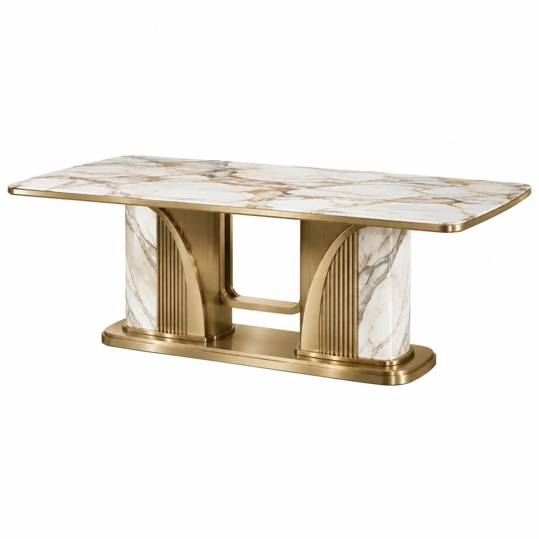 Esstisch 180 x 90 x 75 cm in Weiß Gold mit Marmoroptik und Metallgestell
