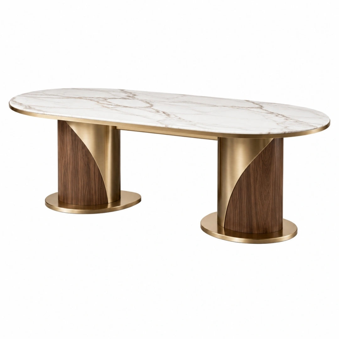 Ovaler Esstisch 180 x 90 x 75 cm in Weiß Braun Gold mit Marmoroptik und Metallgestell