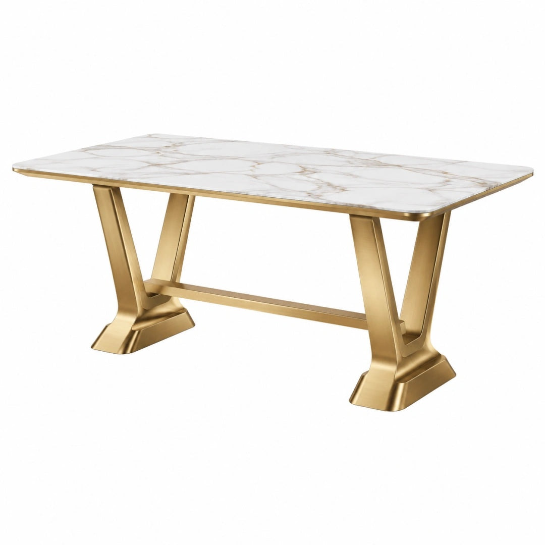 Esstisch 180 x 90 x 75 cm Weiß Gold mit Metallgestell und Tischplatte in Marmoroptik