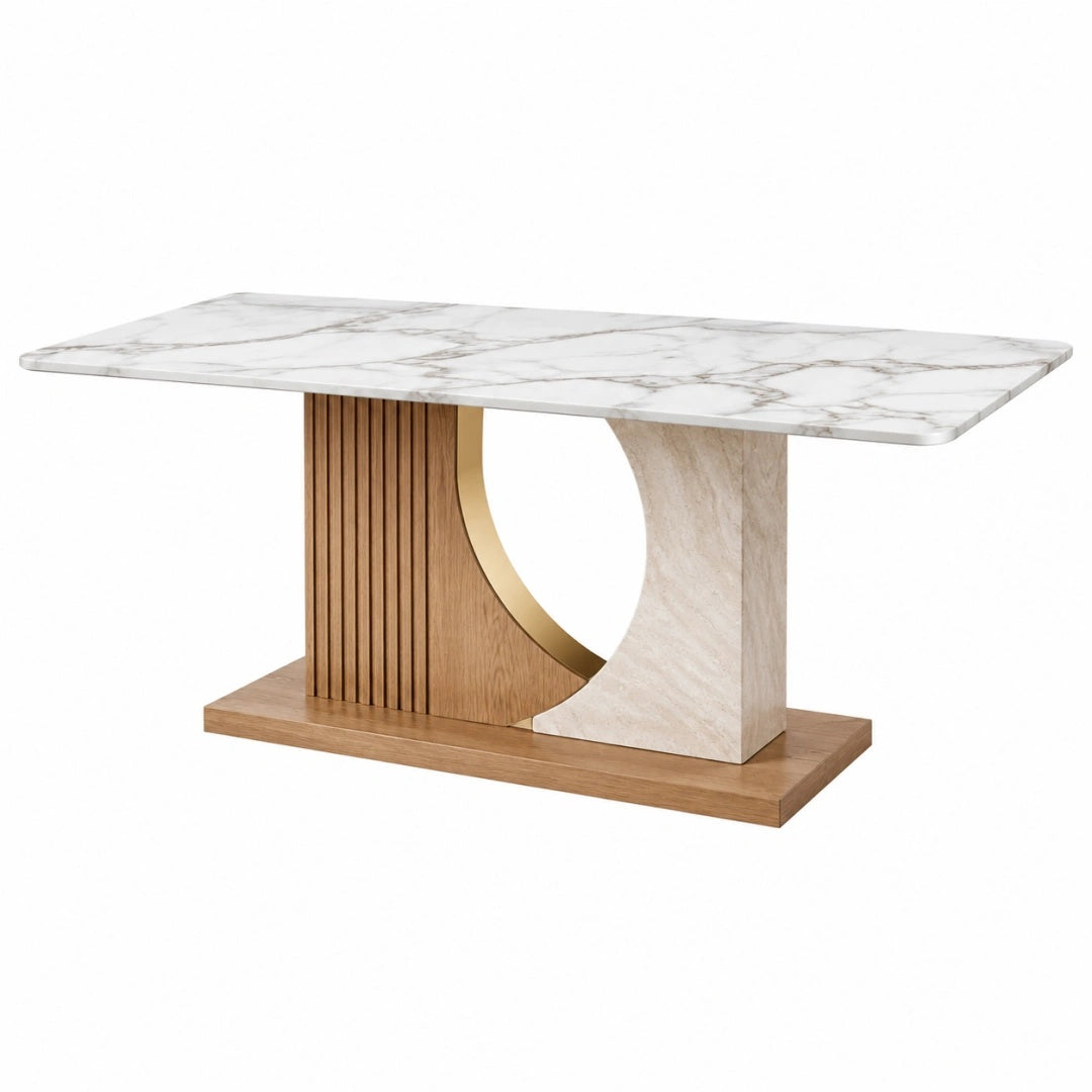 Esstisch 160 x 90 x 75 cm in Weiß Beige Gold mit Steinoptikplatte und Holzfuß im modernen Stil